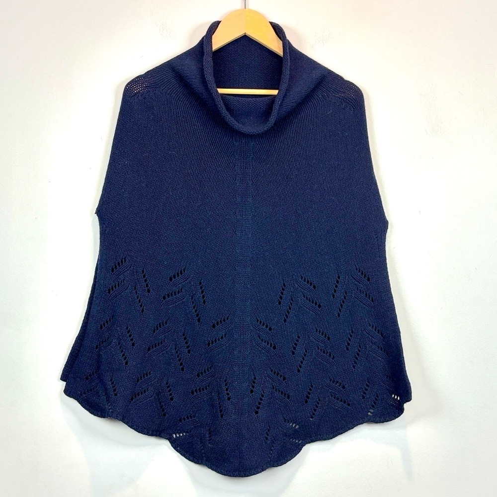 Tesma Cashmere Navy Cowl Neck Poncho – 100% Italian Cashmere, Lace Knit Hem